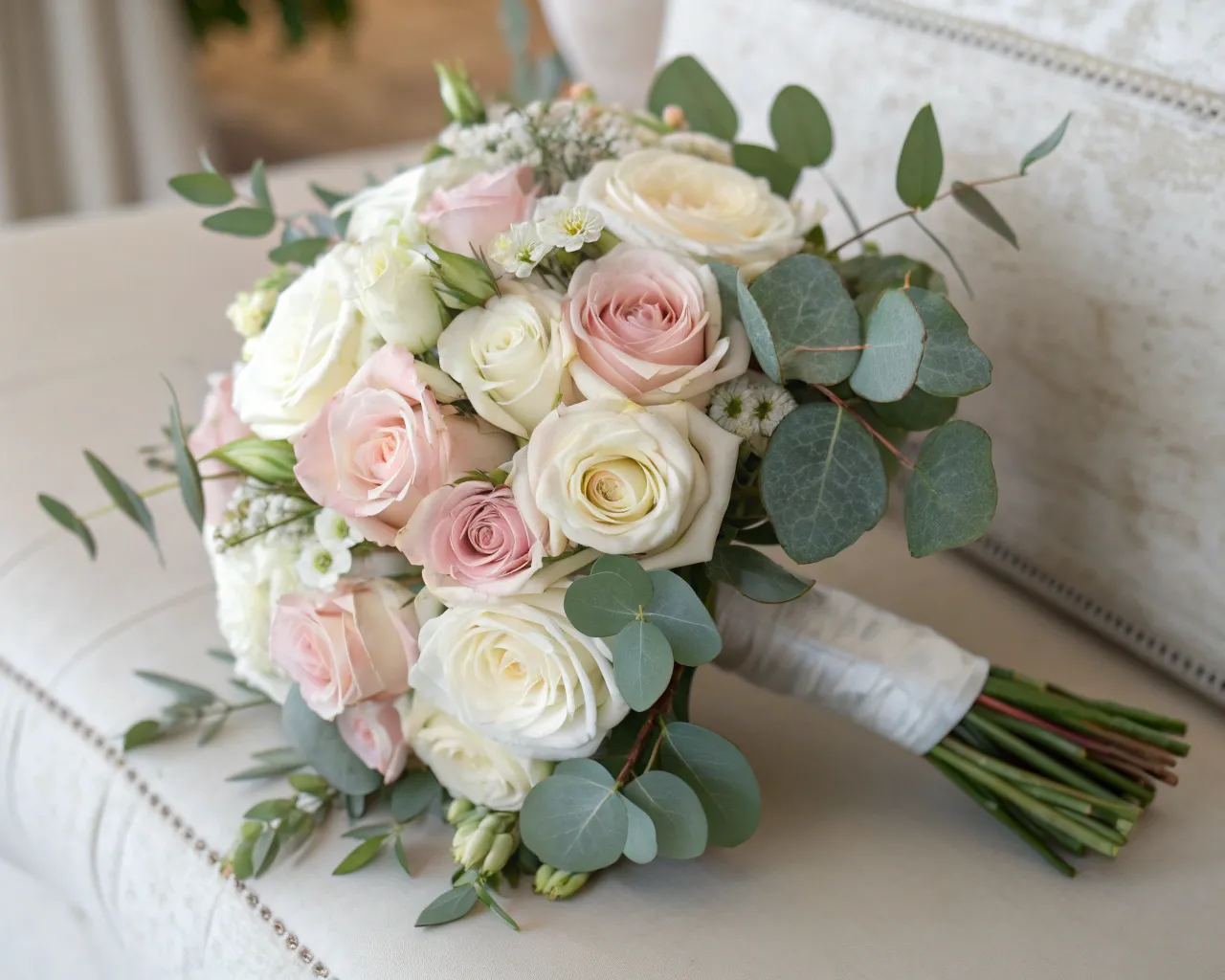 Elegant white and blush bridal bouquet with roses and eucalyptus