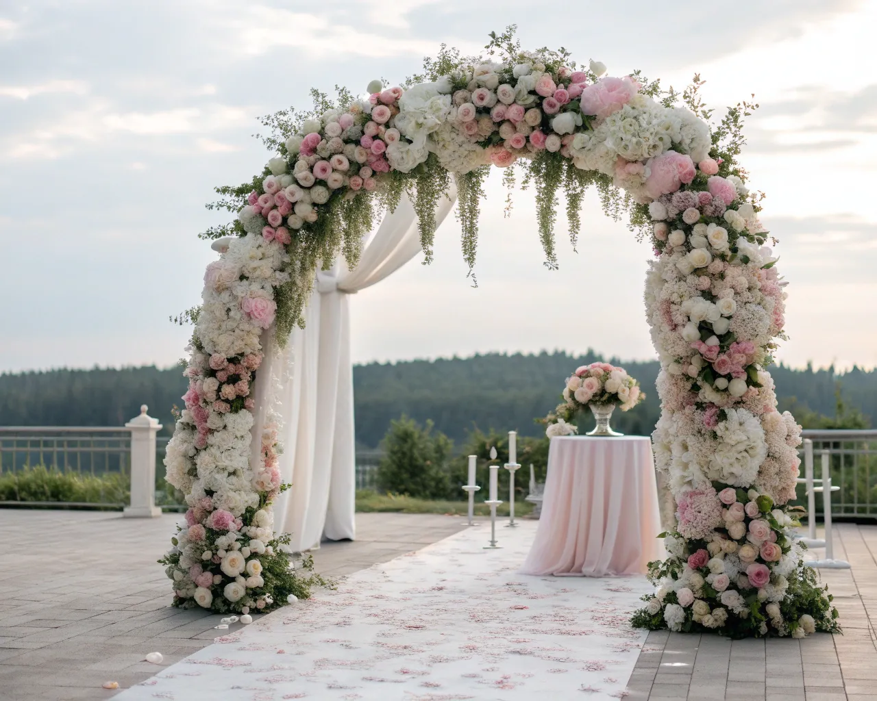 Romantic ceremony arch decoration with cascading flowers