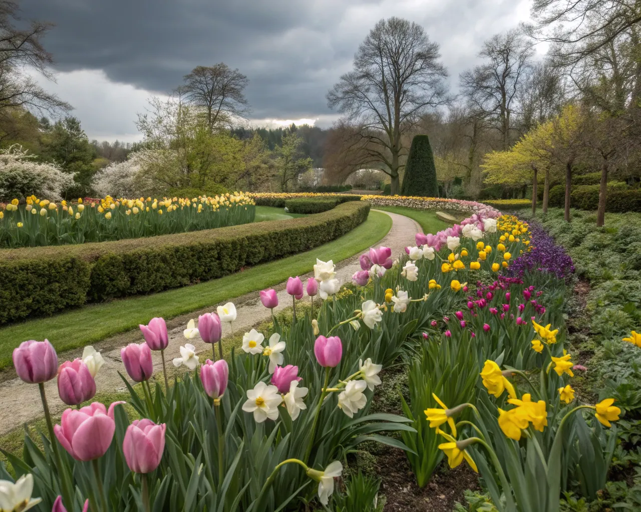 Spring garden arrangement with tulips and daffodils