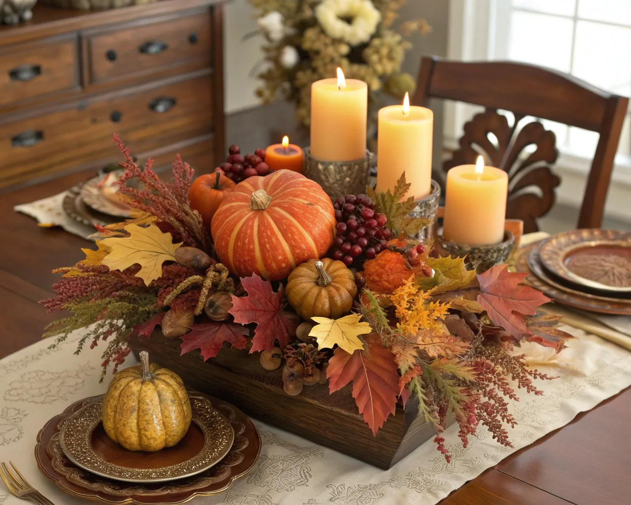 Autumn harvest centerpiece with warm tones and foliage